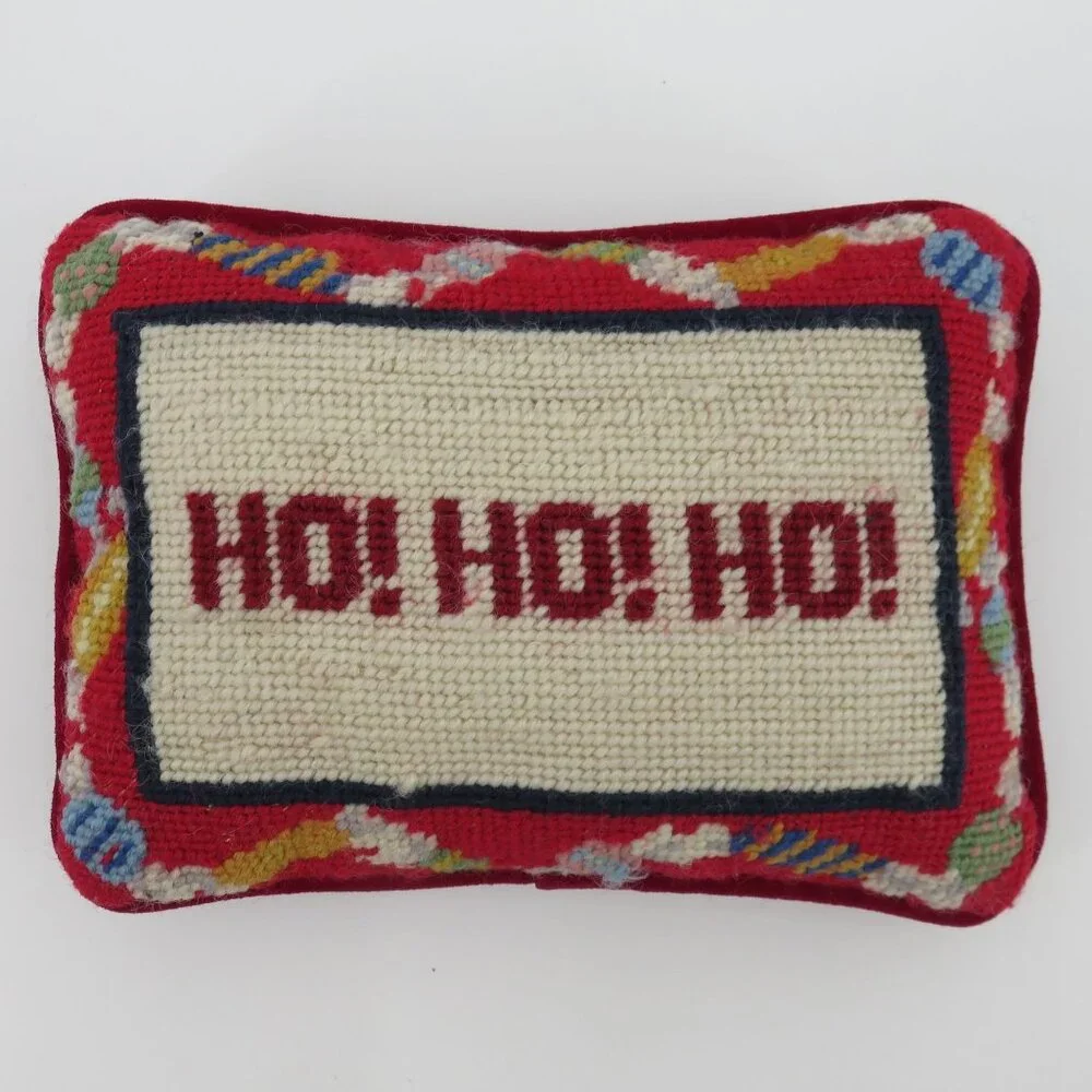 Ho Ho Ho Wool Needlepoint Christmas Candy Red Velvet Holiday Throw Accent Pillow